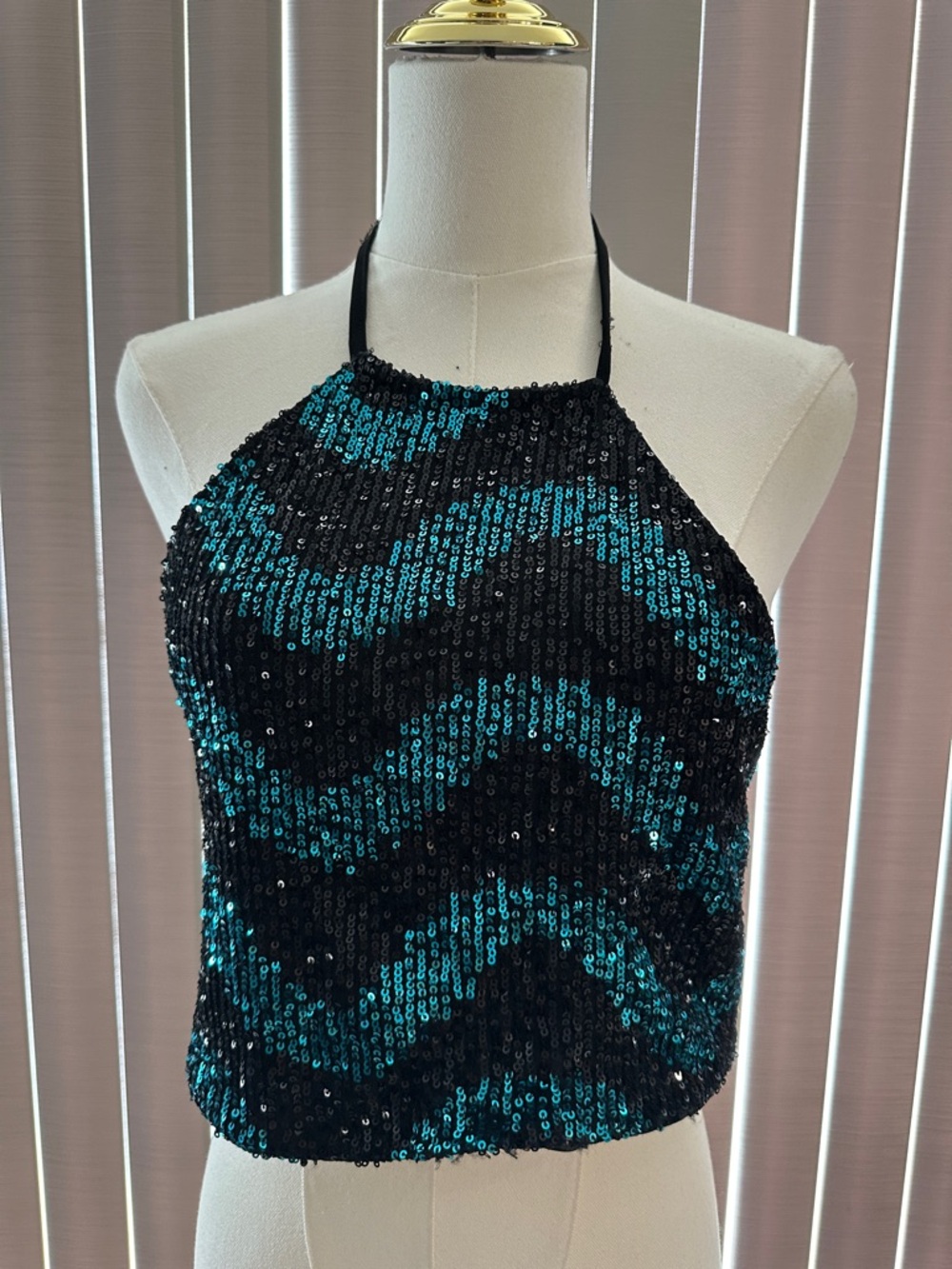 Sequined Halter Camisole in Teal and Black